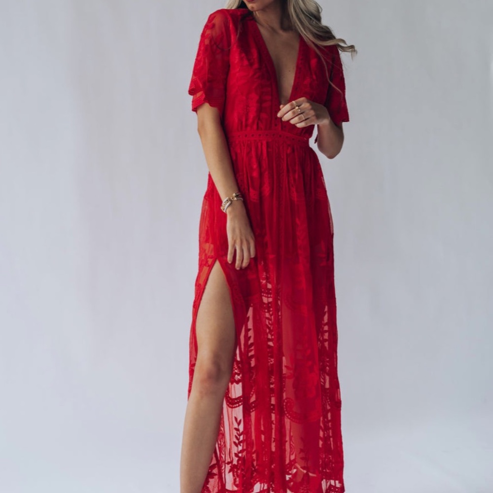 Honey Punch Red Lace Maxi Dress Romper - Size Small (Never Worn)